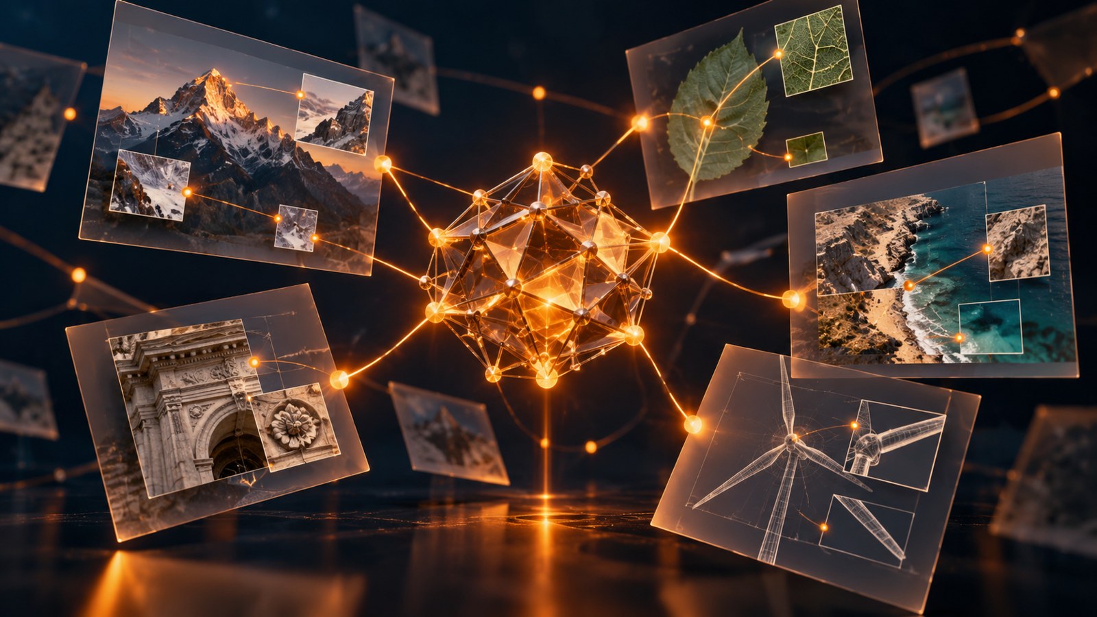 Abstract document fragments linked by amber model-reasoning nodes