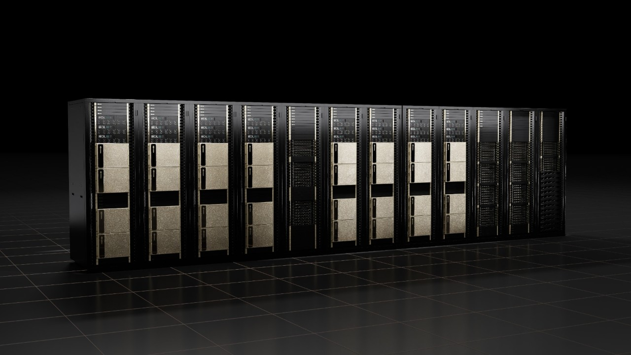 NVIDIA DGX SuperPOD infrastructure, shown as context for distributed inference. This is not a photograph of a specific vLLM deployment.